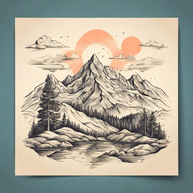 Photo a drawing of a mountain with a sunset in the background