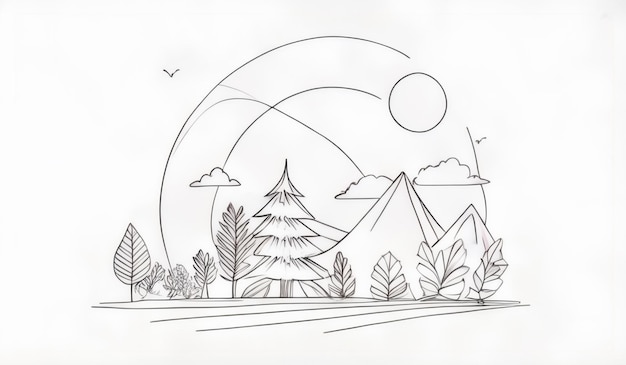 Photo a drawing of a mountain with trees and mountains in the background