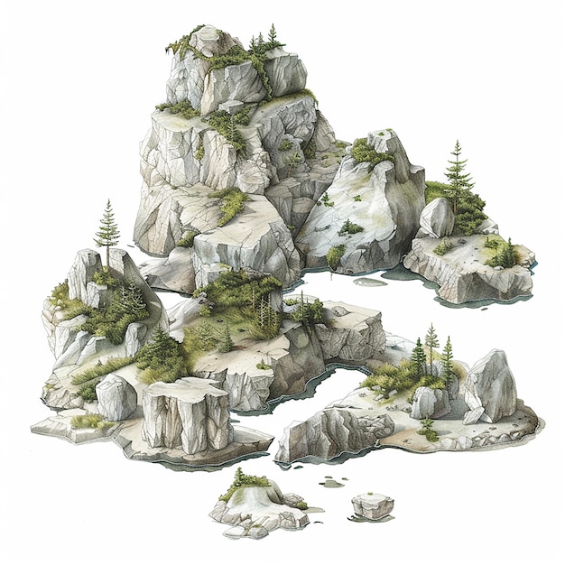 a drawing of a mountain with trees and rocks