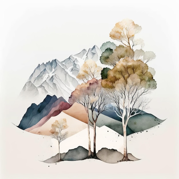 Drawing Mountains Trees Forests Three Colors Watercolor Paint Generative AI