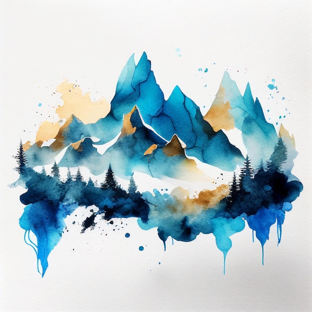 Drawing mountains on a white background paint Watercolor blue gold paint Generative AI