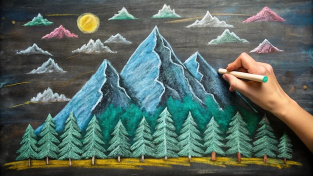 Photo a drawing of mountains with a hand drawing of mountains and trees