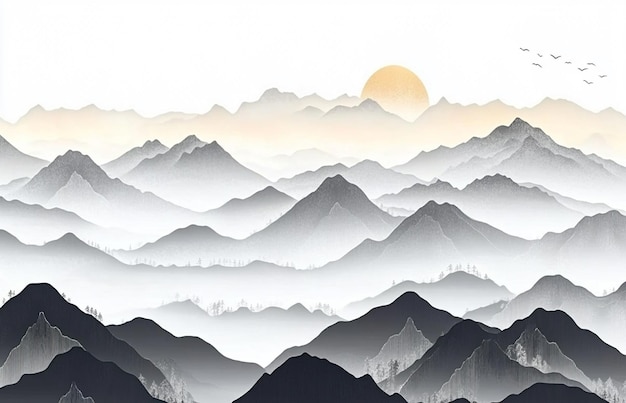 Photo a drawing of mountains with the sun setting behind them