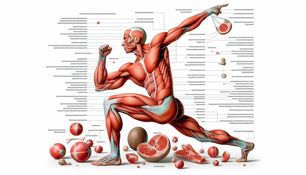 Photo a drawing of a muscular man with muscles labeled