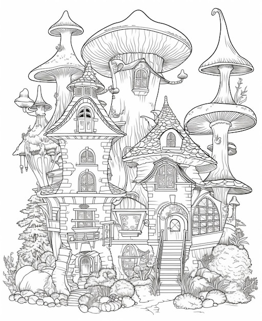 A drawing of a mushroom house with a mushroom house on the top.