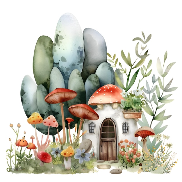 a drawing of a mushroom house with mushrooms and mushrooms