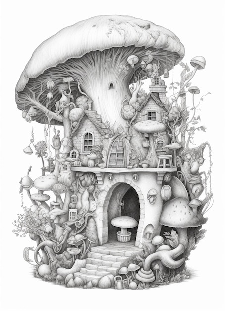 A drawing of a mushroom house with a staircase leading to it generative ai