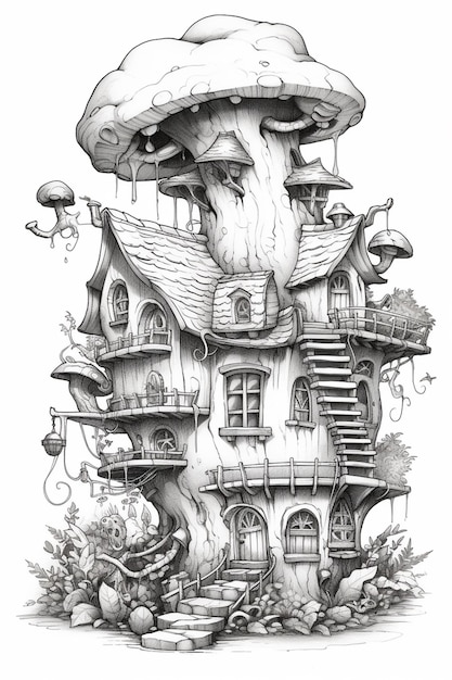 a drawing of a mushroom house with a tree on top generative ai