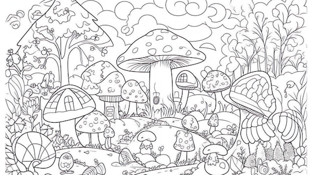 Drawing of a mushroom village kids coloring page vector blank printable design for children to fill