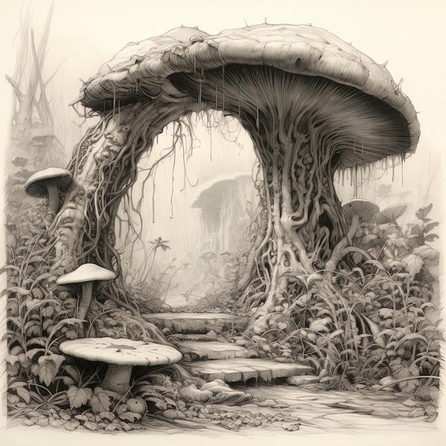 a drawing of a mushroom with a mushroom and mushroom.