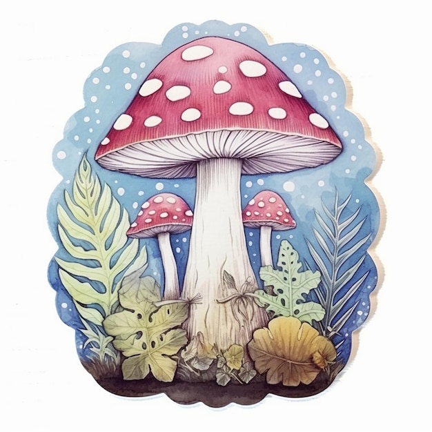 A drawing of a mushroom with a red cap and a white dot on the bottom.