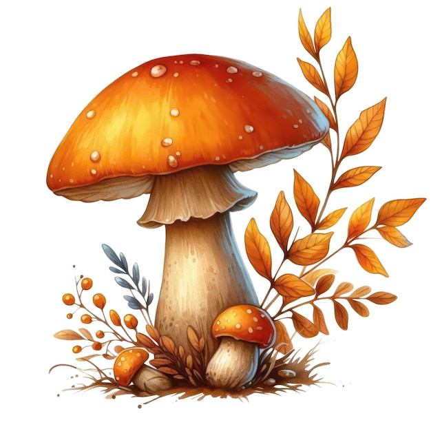 a drawing of a mushroom with a yellow cap and leaves