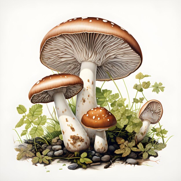 a drawing of mushrooms and leaves with a white background