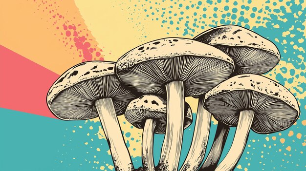 Photo a drawing of mushrooms with a yellow background and a colorful background with a colorful background