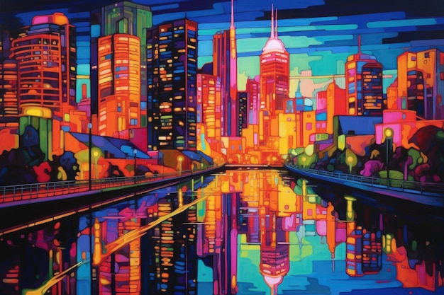 Drawing of neon colored cityscape skyline at night Generative AI