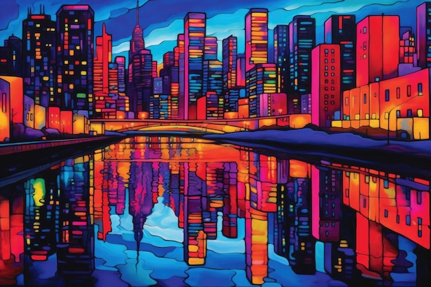 Drawing of neon colored cityscape skyline at night Generative AI