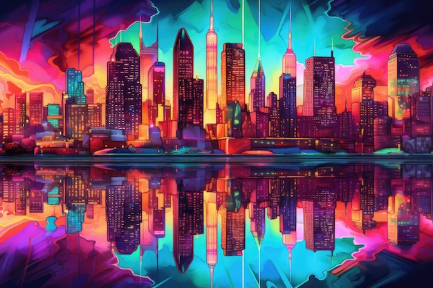 Drawing of neon colored cityscape skyline at night Generative AI