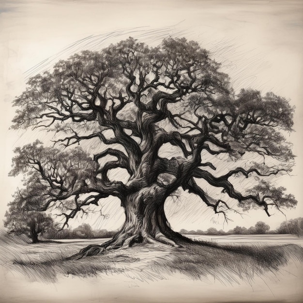 Photo a drawing of an oak tree with a drawing of a tree