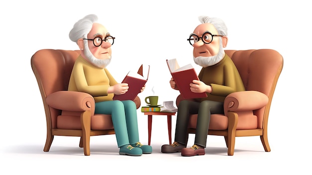 Photo a drawing of old men reading books with a cup of coffee