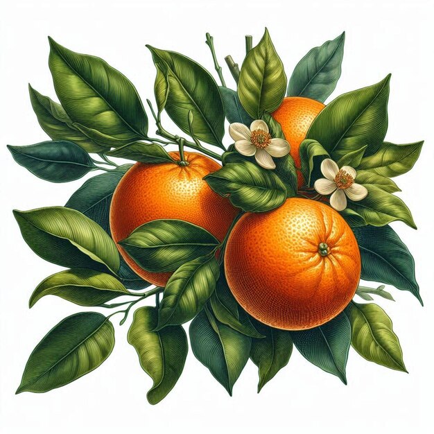 Photo a drawing of oranges and leaves with a white background