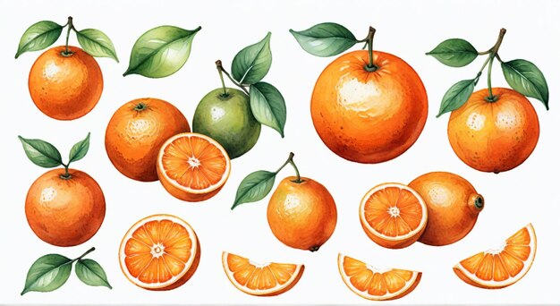 a drawing of oranges and one of them has a green leaf