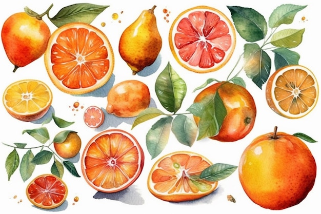 A drawing of oranges, oranges, and green leaves with the word orange on it.