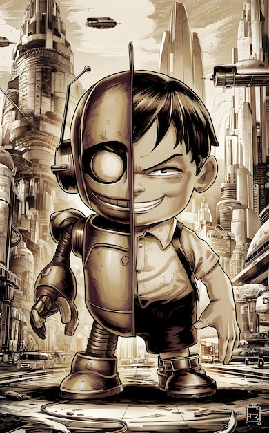 A drawing in Osamu Tezuka style of a half boy have robot illustration