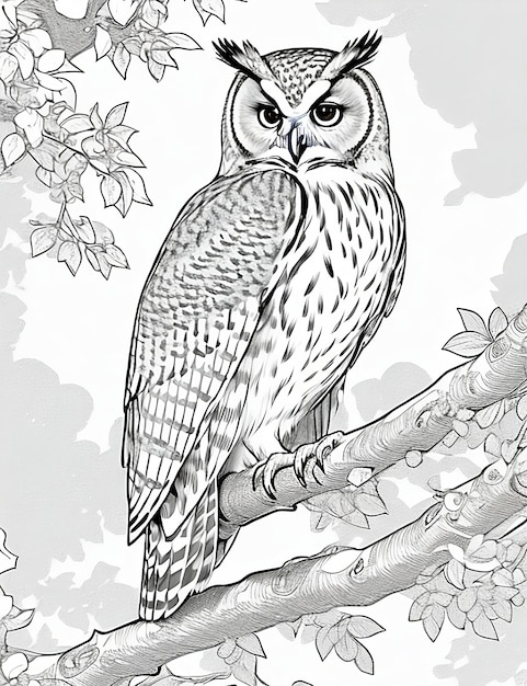 A drawing of an owl on a tree branch coloring pages for kids