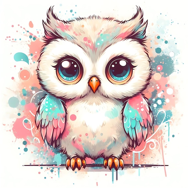 a drawing of an owl with big eyes and a colorful background