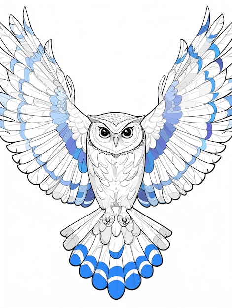 Photo a drawing of an owl with blue and white wings