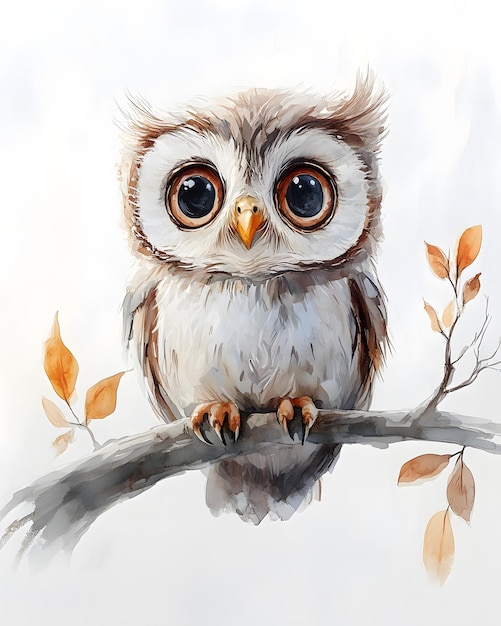 a drawing of an owl with brown eyes and a white background