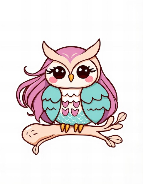 Photo a drawing of an owl with pink and purple feathers on the side of it