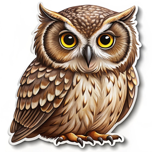 a drawing of an owl with yellow eyes and a brown and white background