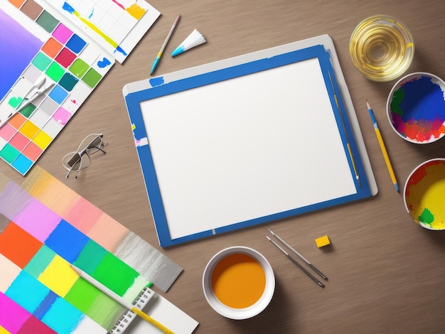 A drawing pad with a blue screen and a cup of coffee on a table