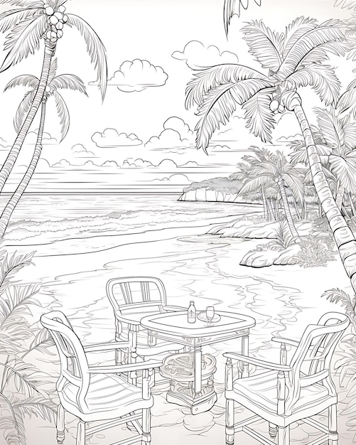 Drawing Page of Cocktail Bar with Palm Trees