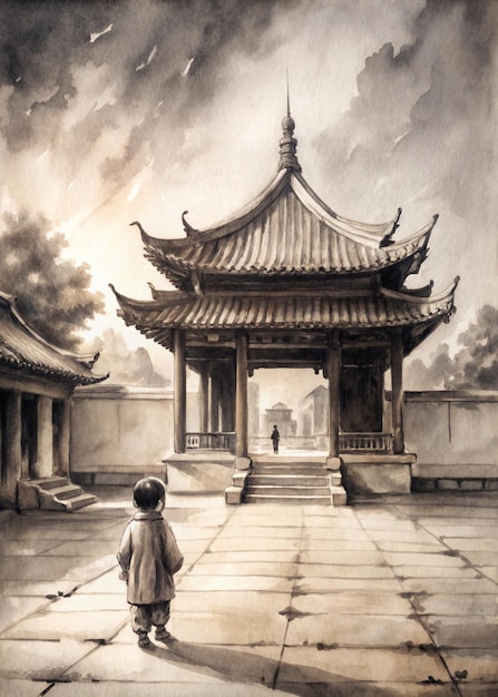 Photo a drawing of a pagoda with a man walking in front of it