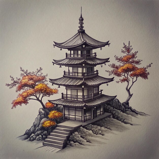 Photo a drawing of a pagoda with trees on the top