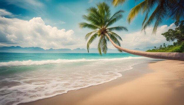 a drawing of a palm tree on a beach with the ocean in the background