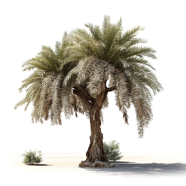 A drawing of a palm tree and bush with a white background