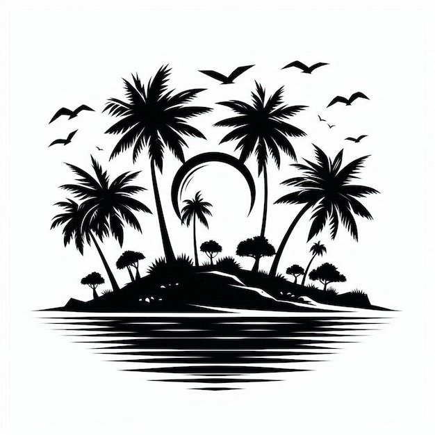 a drawing of palm trees and a moon in the background