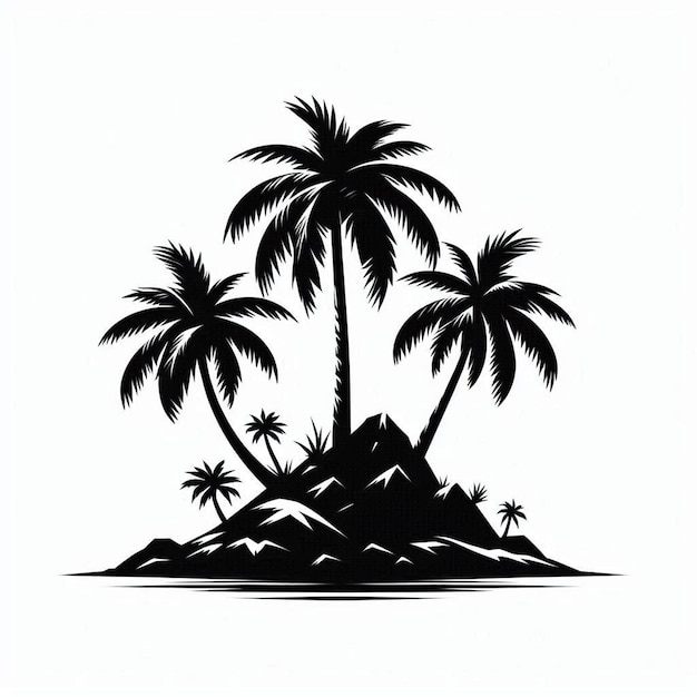 a drawing of palm trees and a mountain with a black and white background