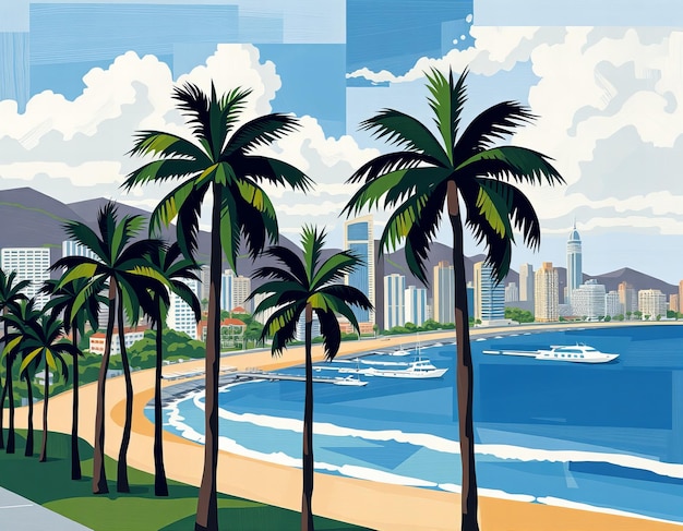 a drawing of palm trees and the ocean in a drawing