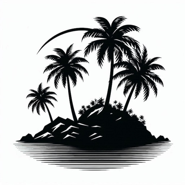 a drawing of palm trees on a white background with a picture of a beach