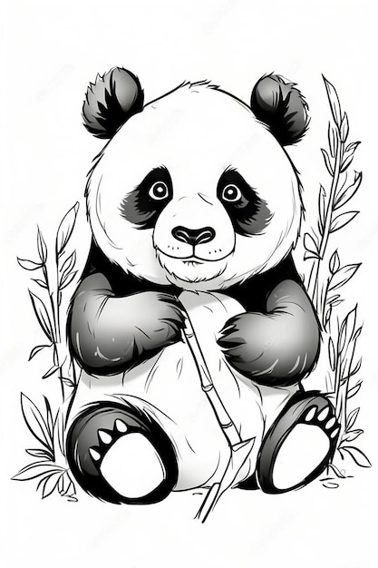 a drawing of a panda bear holding a bamboo stick