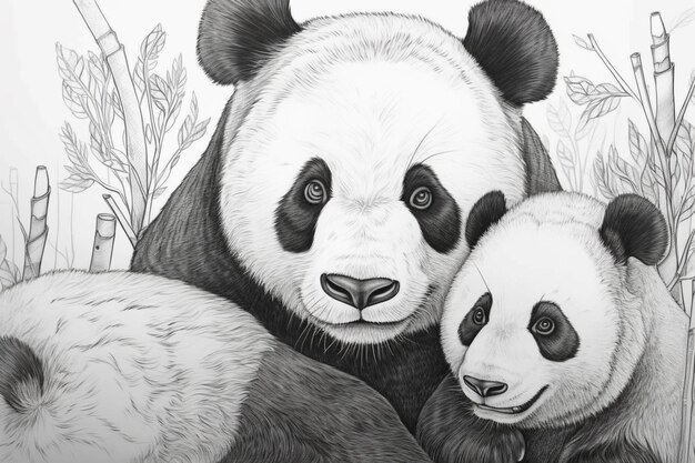 A drawing of a panda and her cub.