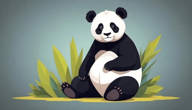 a drawing of a panda sitting in the grass with a green background