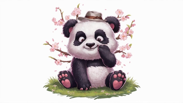 a drawing of a panda with a hat on it