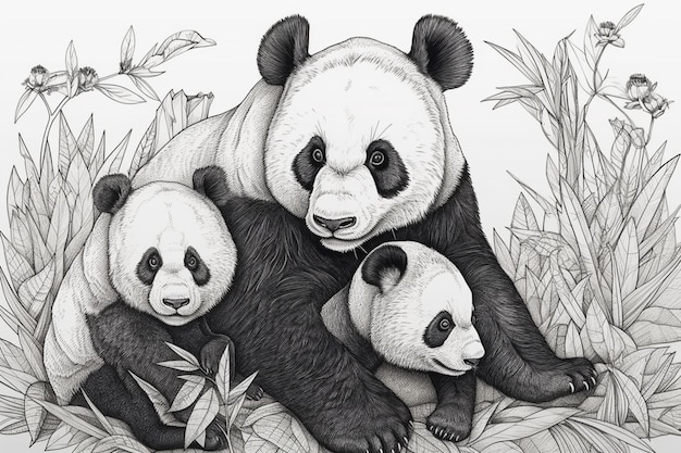 A drawing of pandas in a bamboo forest.