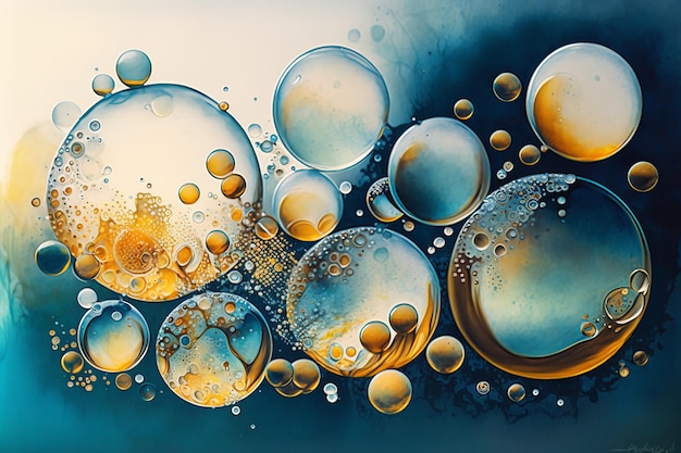 Drawing on paper with watercolor bubbles in blue and gold paints Generative AI