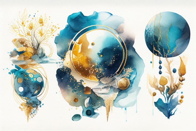 Drawing on paper with a watercolor circle with patterns in blue and gold paints Generative AI